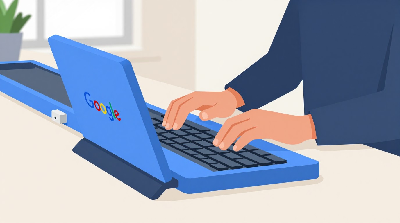 ภาพสร้างด้วย AI (ไม่ใช่ภาพถ่ายจริง) ประกอบข่าว Google Japan เปิดคีย์บอร์ดสายพานลำเลียง ส่งปุ่มมาให้นิ้วแทนให้คนขยับมือ
