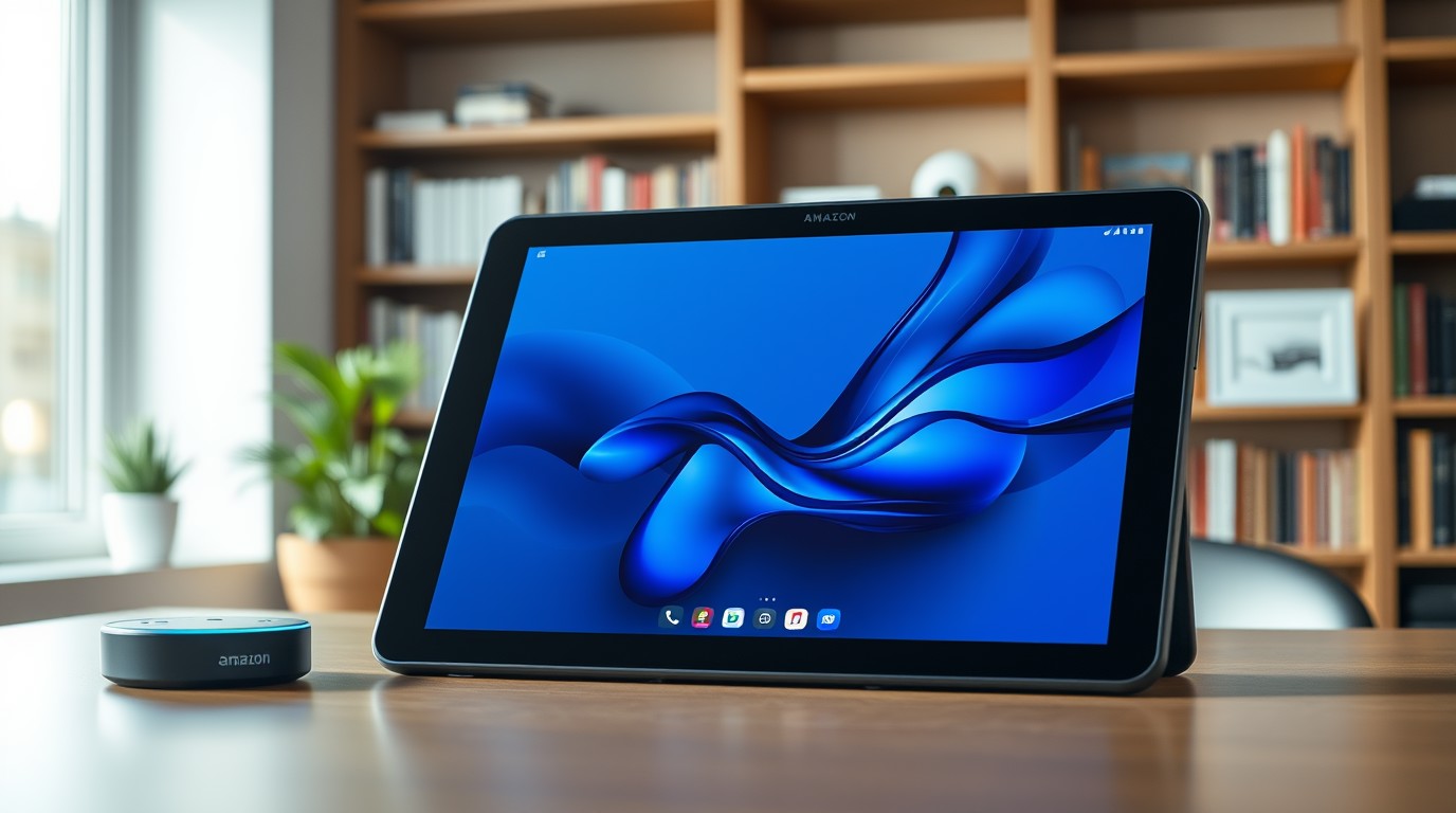 ภาพสร้างด้วย AI (ไม่ใช่ภาพถ่ายจริง) ประกอบข่าว Amazon เปิดตัว Alexa Tablet 12 Pro จอด้านพิเศษ Nanomatte ลดแสงสะท้อนแทบหมด